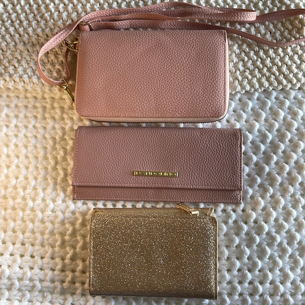 Three Small Wallets (One pink, one mauve, and one glittery gold) Barely used.